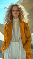Young woman with curly hair in a stylish outfit, standing confidently outdoors.