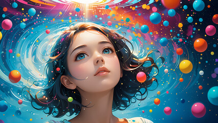 Generated digital art illustration of a girl floating in a surreal dream-like abstract realm of vibrant colors.
