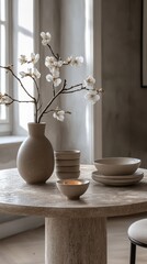 Elegant tabletop arrangement with neutral tones, featuring floral decor and ceramic dishes.