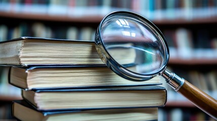 A magnifying glass resting on a stack of books in a library.