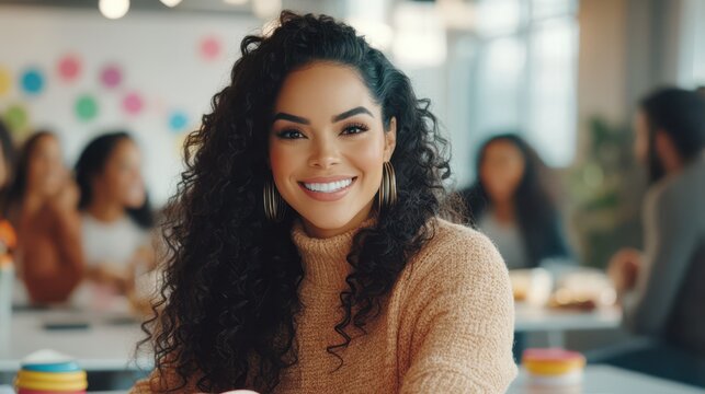 Smiling woman with coworkers: A close-up portrait of a radiant woman with captivating curly hair, her eyes sparkle with warmth and confidence, and a genuine smile.