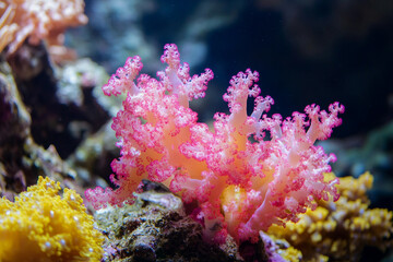 Generative AI image of vibrant coral reef underwater landscape near tropical island with sun rays