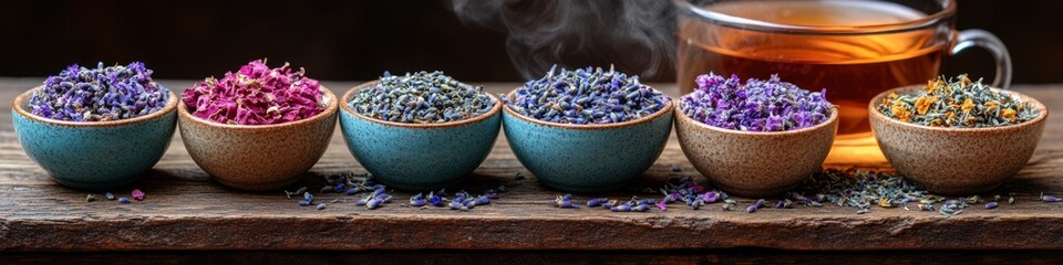 Assorted dried flowers in bowls, herbal tea