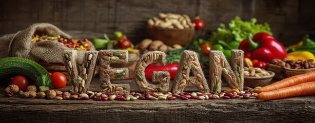 The Vegan Arrangement Displaying Fresh Ingredients and Nuts on a Rustic Table