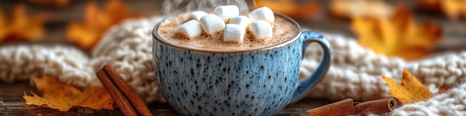 Cozy autumn scene with hot cocoa and marshmallows.