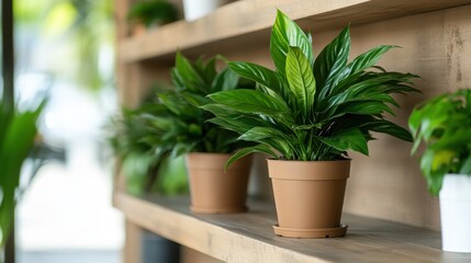 Fototapeta premium A serene display of lush green potted plants arranged on a warm wooden shelf, bringing a touch of nature and tranquility into an indoor space.