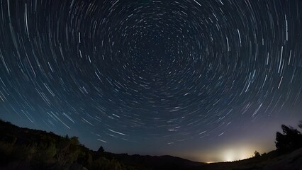 Timelapse-style view of a clear night sky filled with stars. Long exposure effect creates circular star trails around the North Star. Deep navy and black sky with smooth gradient tones.