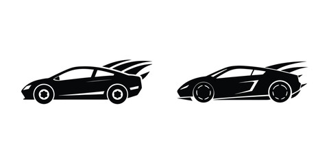 Modern Flat Silhouette of a Sculpted Sports Car Side View Cutting Through Air Isolated on White Background