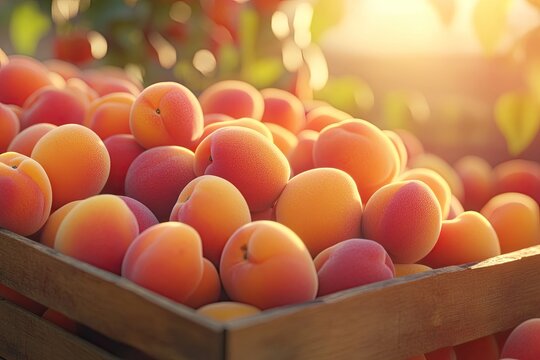 A box of ripe apricots displayed at a market, celebrating National Apricot Day with a sunny backdrop. - Powered by Adobe