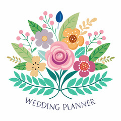 Wedding planner logo with flowers isolated on white background, modern illustration representing event planning, marriage organization, floral design, and celebration branding.
