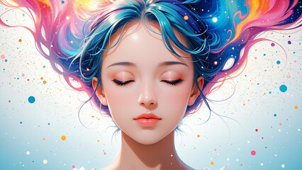 Generated digital art illustration of a girl floating in a surreal dream-like abstract realm in a trance-like tranquility and peace.