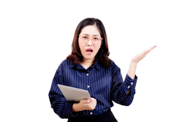 Asian young beautiful, surprised woman wearing glasses and a striped shirt holds a tablet while gesturing with her other hand raised.