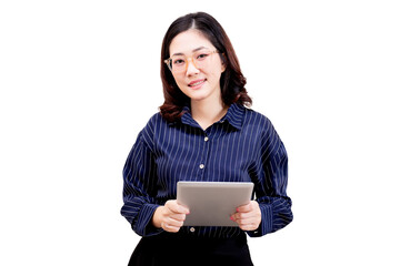 Fototapeta premium Asian young beautiful woman with glasses holding a tablet, wearing a striped shirt, smiling and looking at the camera.