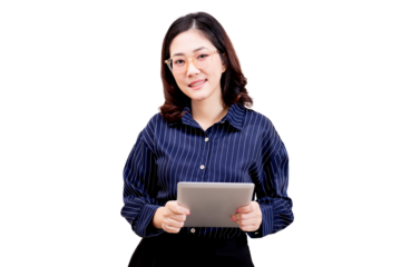 Asian young beautiful woman with glasses holding a tablet, wearing a striped shirt, smiling and looking at the camera.