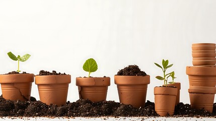 Fototapeta premium Small plants in terracotta pots, various sizes, in soil.