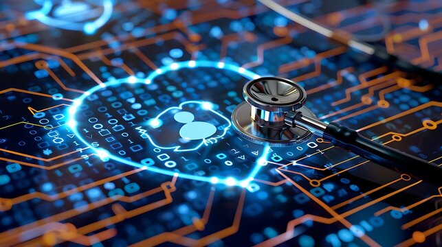 Stethoscope on a digital circuit board with binary code. - Powered by Adobe