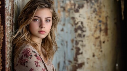 Fototapeta premium A young woman with long, wavy blonde hair leaning against a weathered, peeling wall with a textured, aged surface.