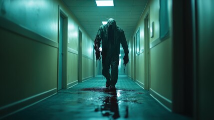 A dark silhouette with an ominous presence stands alone in a dimly lit corridor, leaving a trail of blood, evoking feelings of fear and suspense.