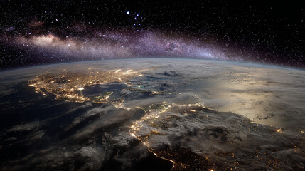 Planet Earth half night and half day with city lights and clouds in space with stars. Americas side.