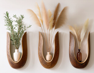 Modern Wooden Wall Mounted Vases With Decorative Pampas Grass Arrangement