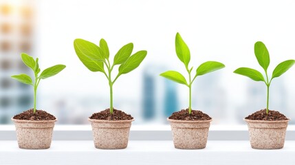 Growth Sequence: A compelling image of four potted plants, showcasing stages of growth, from a tiny sprout to a more developed plant with lush green leaves.