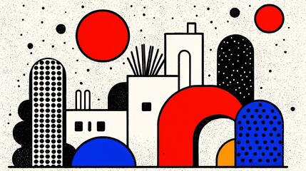 Obraz premium Abstract Geometric Landscape with Bold Red and Blue Shapes