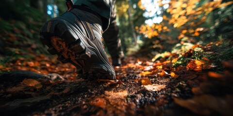The hiking boot stepping on a scenic autumn forest trail.