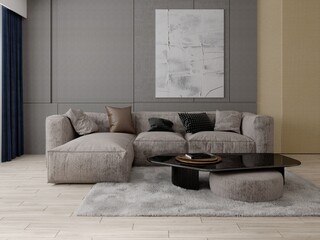 Mock up of a superb living room with a comfortable corner sofa and a trendy decorative background, 3D rendering.