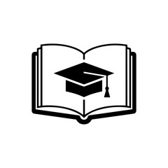 An open book is displayed with a graduation cap atop the pages