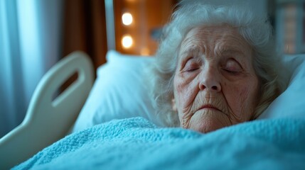 An elderly woman peacefully resting in a hospital bed, capturing the warmth of care and comfort amid her delicate condition, highlighted by soft nighttime lighting.
