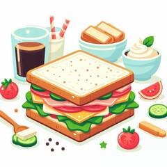 An isometric illustration of a layered sandwich accompanied by drinks toppings and condiments on a white background