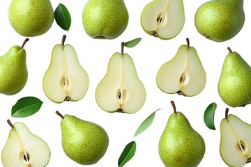 Obraz premium Slices of green pears are artistically arranged with leaves, showcasing their fresh interior