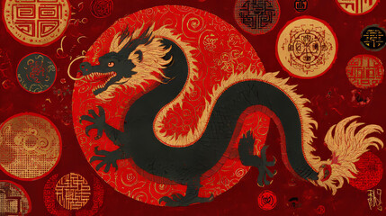 Obraz premium 2024 Year of the Dragon. Chinese words on top left golden stamps means 
