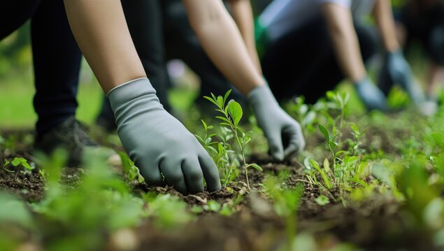 Close-up of volunteers planting saplings in a garden