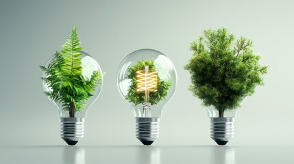 A creative representation of lightbulbs with lush green plants and foliage inside, symbolizing the fusion of nature and energy innovation for a sustainable future.