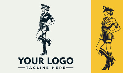 Vintage-style logo featuring a woman in military-inspired attire, showcasing a confident and stylish pose.