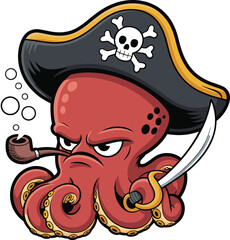 A fearsome and mischievous cartoon pirate octopus, wearing a skull and crossbones hat, smoking a pipe, and wielding a cutlass, perfect for nautical themes, fantasy designs.