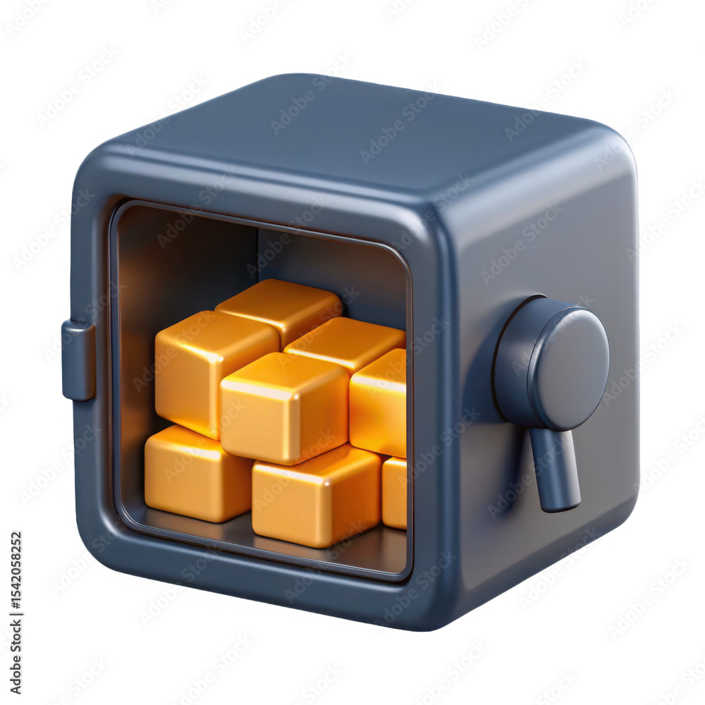 Poster gold cubes in a safe isolated on transparent background