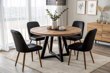Modern dining room featuring a round wooden table with black chairs and decorative elements