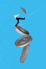 Sketch pop contemporary photo collage of happy dandy businessman stand dollar coin hold umbrella...