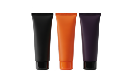 Three cosmetic tubes black orange purple mockup