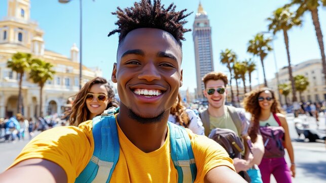 Radiant Selfie of Group Travel: A beaming individual, takes a selfie against a backdrop of historic architecture, encapsulating the essence of travel and camaraderie, the shot brimming with joy.