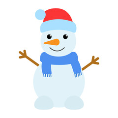 Snowman isolated on a white background. Colored icon, vector illustration in a flat style. Cheerful snowman in a red hat.	

