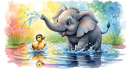 Adorable baby elephant and duckling playing in a puddle on a sunny day, watercolor illustration with soft colors and reflections