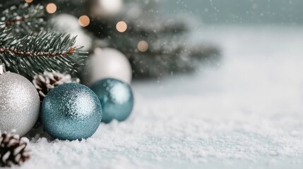A charming winter scene featuring beautifully glazed ornaments nestled in snow alongside pine branches, evoking a sense of joy and nostalgia during the holiday season.