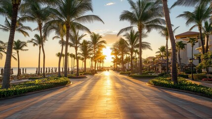 Serene Sunset Boulevard by the Beach Surrounded by Palm Trees and Luxurious Resort, Ideal for Relaxation and Tropical Getaways in a Coastal Paradise