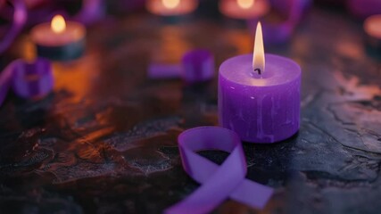 A purple candle is lit on a dark surface with purple ribbons. The candle is surrounded by purple ribbons, which are tied to the candle. Concept of hope and remembrance