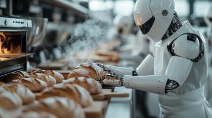 A futuristic robot skillfully bakes artisan bread, showcasing advanced technology and automation in a bustling bakery environment filled with delicious loaves.
