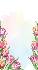 Watercolor tulips frame a pastel background ideal for spring cards or invitations