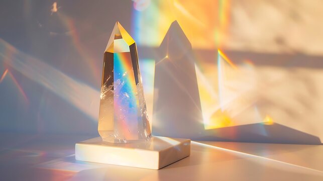 A crystal point illuminated by light rays.